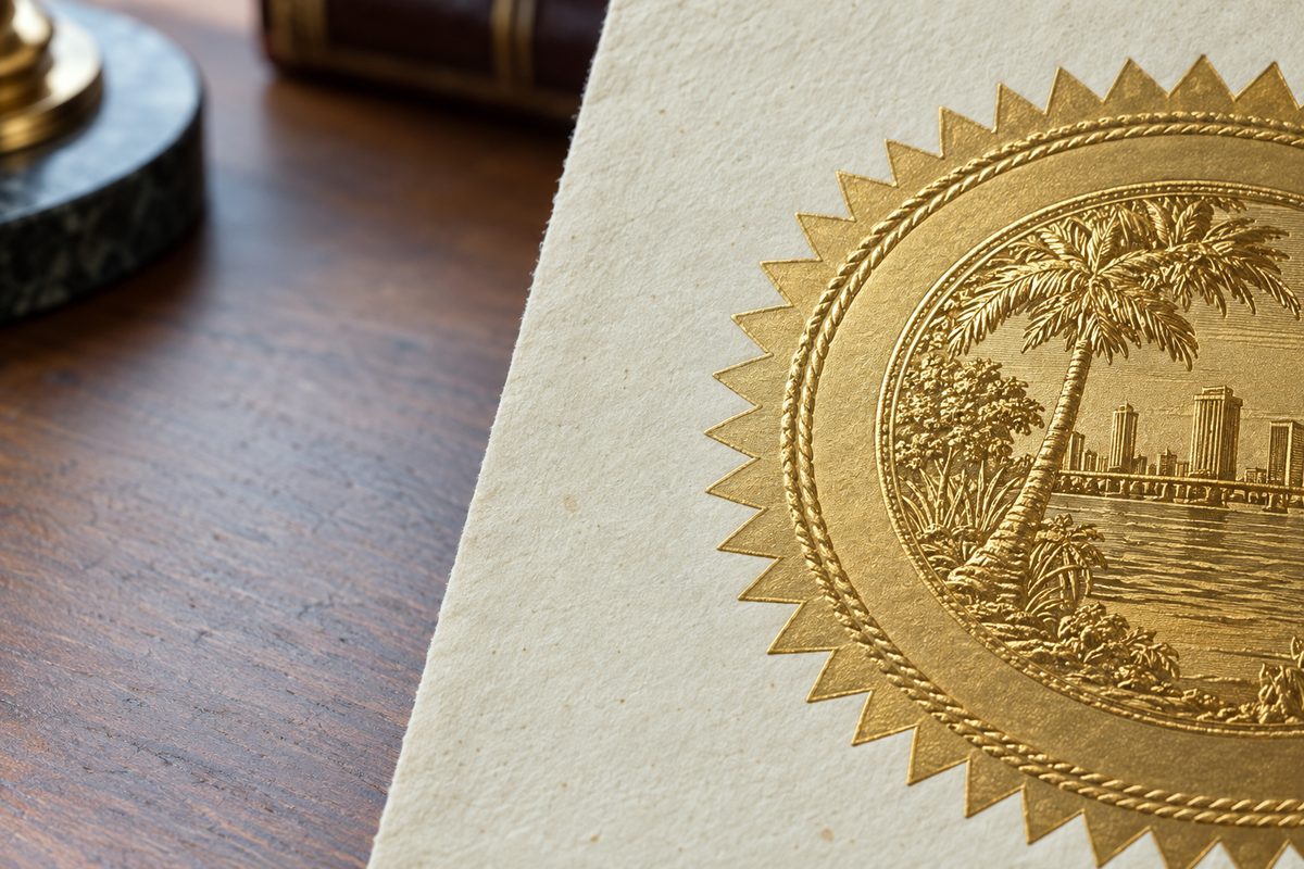 Embossed corporate charter seal on archival parchment paper