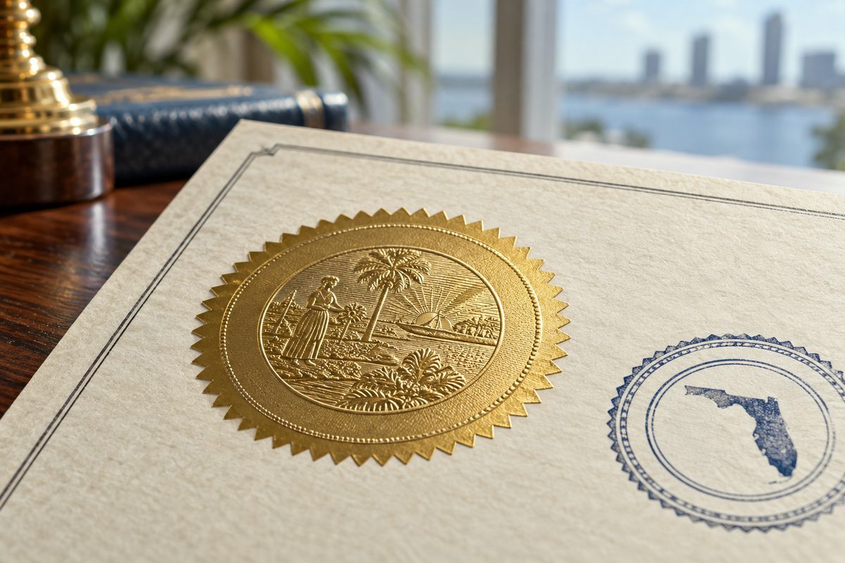 Detail of embossed state seal on a corporate Certificate of Status document