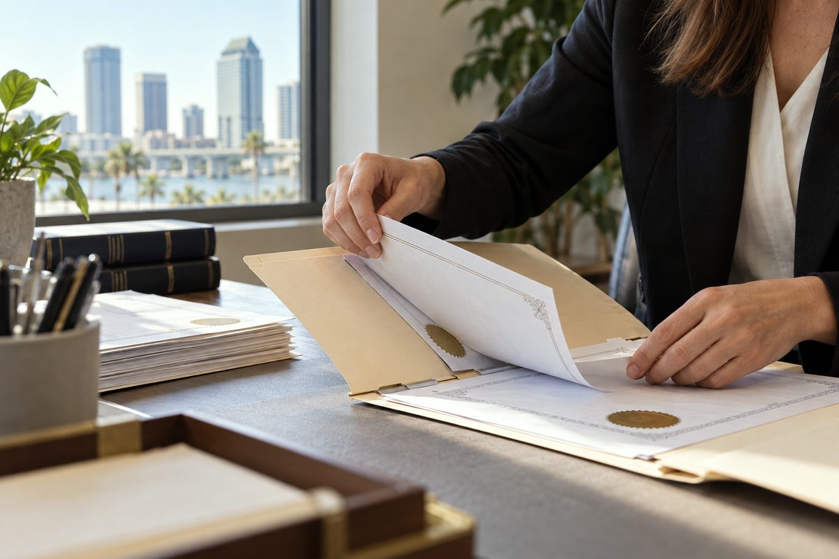 Corporate documents being organized into a legal archive folder