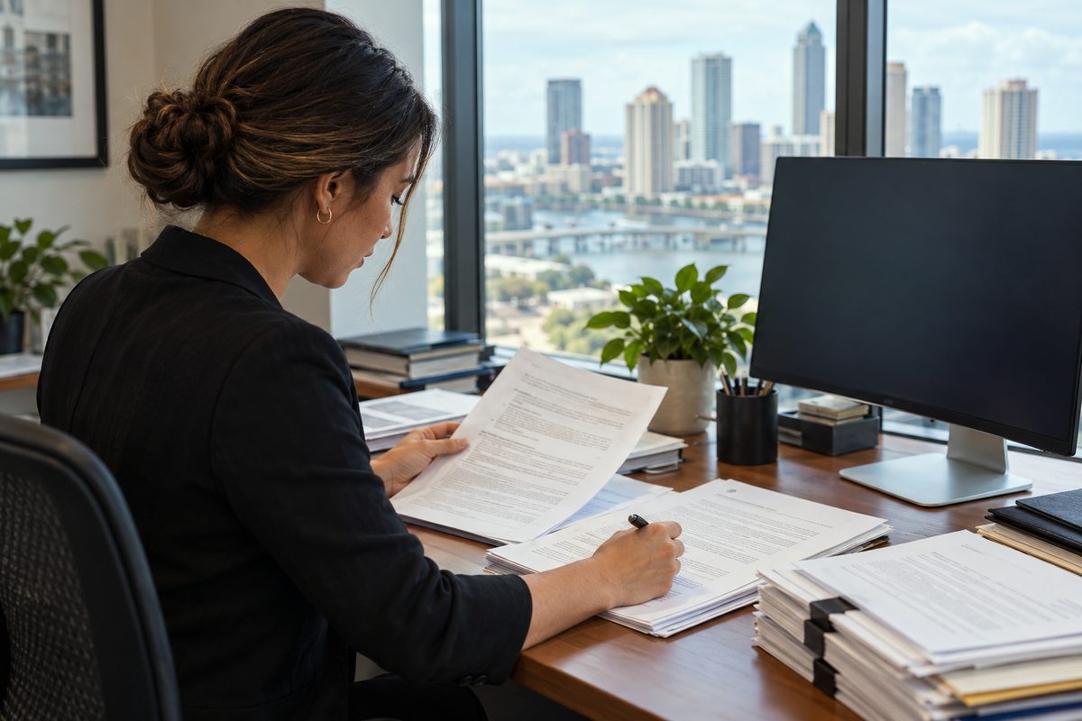 Verification specialist cross-referencing Florida company docket records