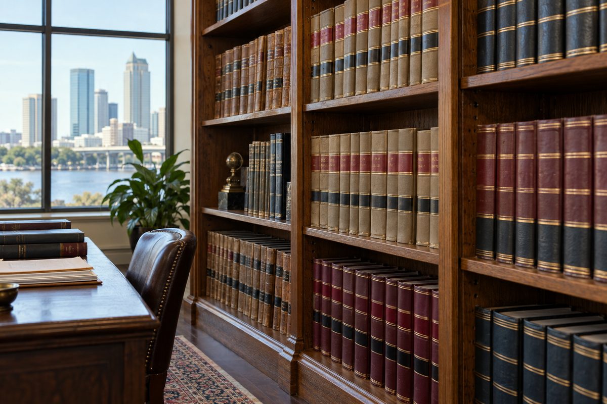 Chronological bound volumes of Florida corporate records on wooden shelves