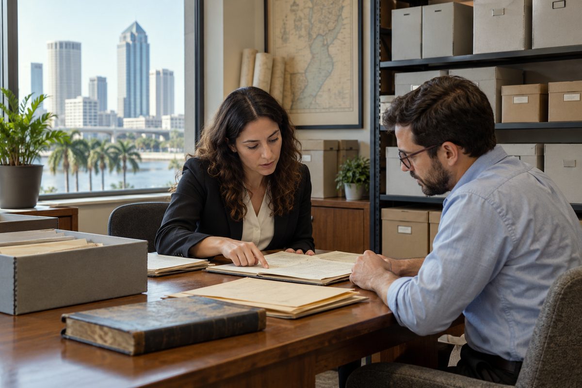 Quiet document consultation table with archive boxes in Tampa office