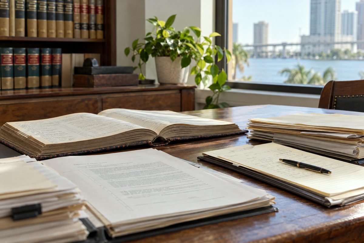 Research desk organized with corporate ledgers and reference notes
