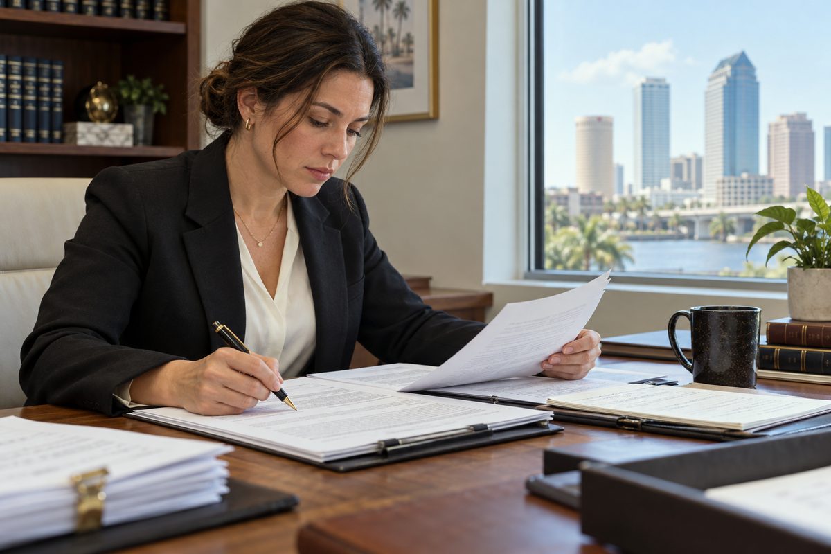 Hands examining a corporate entity status record with reference notes